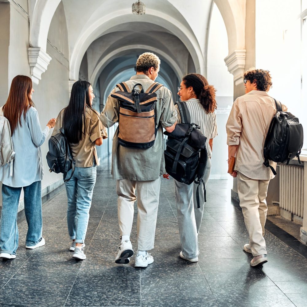 Stylish,Students,Are,Walking,Along,The,Hall,Of,The,University Stylish,Students,Are,Walking,Along,The,Hall,Of,The,University