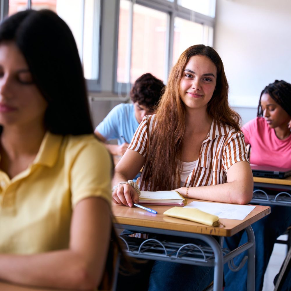 Portrait,European,Young,Woman,Student,Sitting,At,Desk,With,Classmates Portrait,European,Young,Woman,Student,Sitting,At,Desk,With,Classmates
